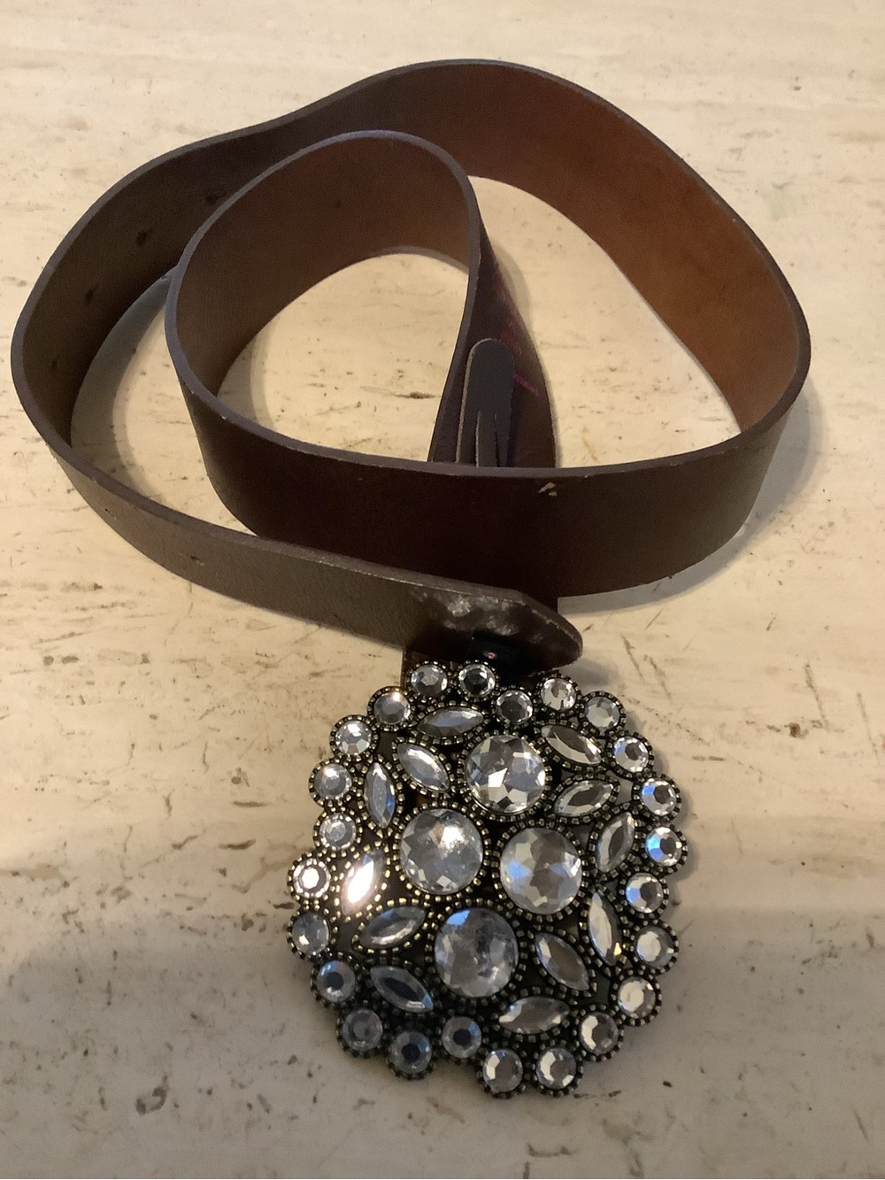 Chinese Laundry Brown Leather Belt with Crystal Cluster Buckle